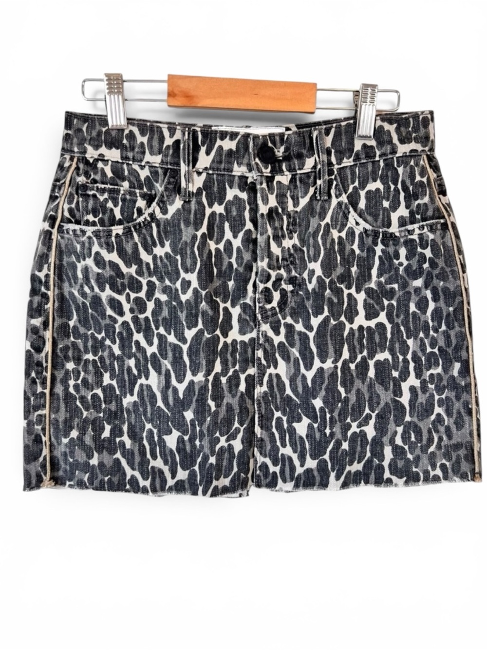 Mother The Vagabond Mini Fray distressed leopard animal print denim skirt
